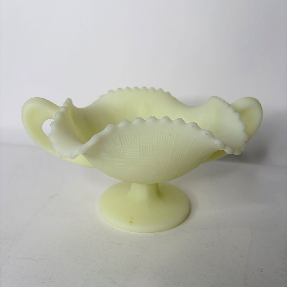 Vintage Fenton Uranium Bowl Candy Nut Dish Milk Custard Glass Two Handle Footed